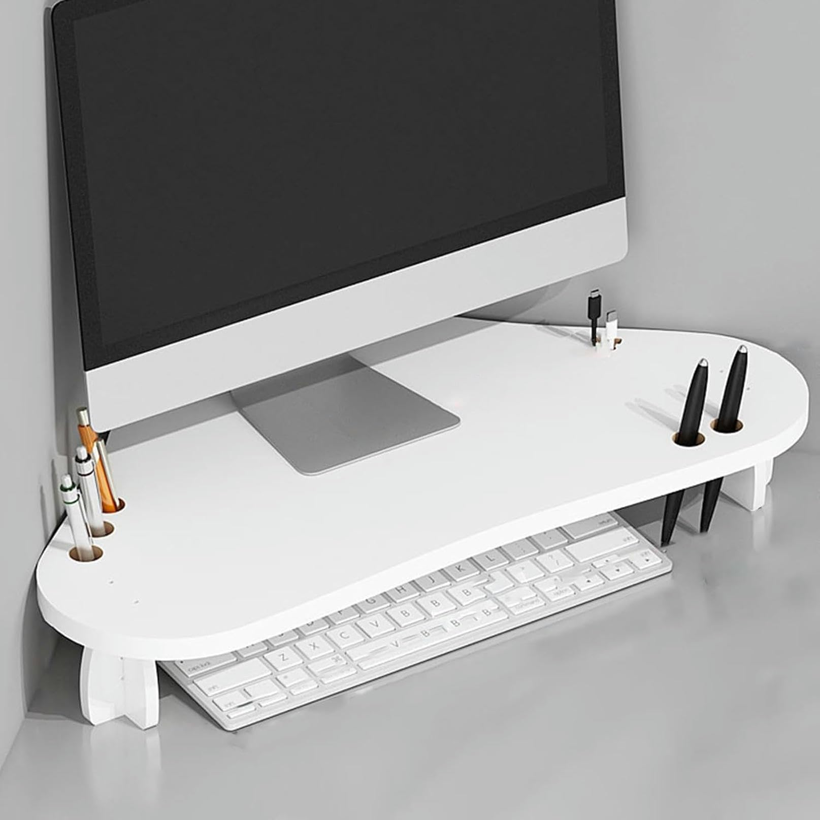 SDGcfgjW corner desks， Corner Monitor Stand Laptop Riser Office Storage Rack with Pen Holder, Space Saving Desktop Shelf Screen(White)