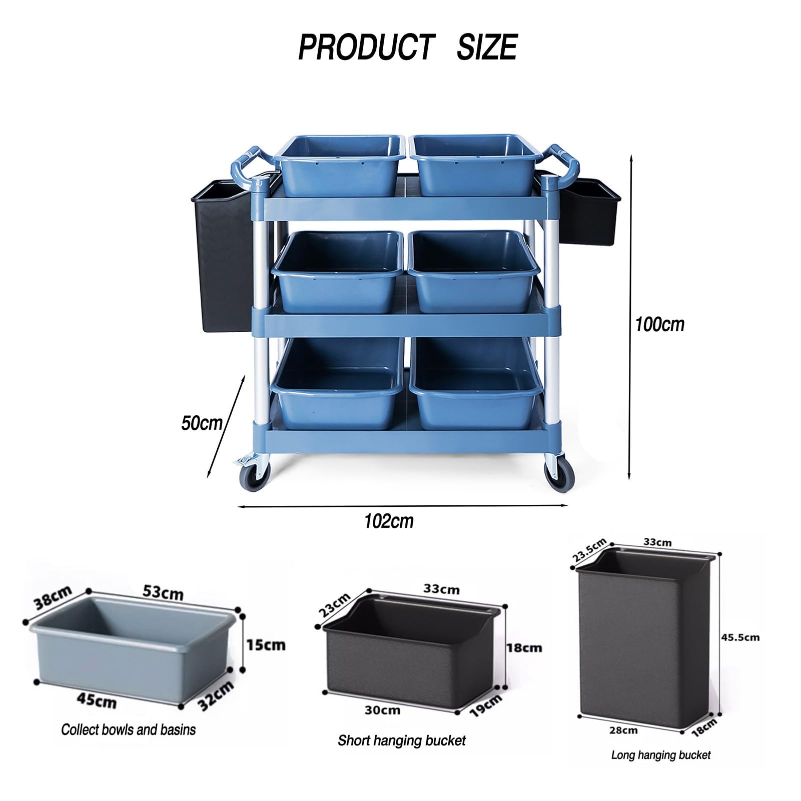 Capacidad de Carga de 551 Libras,Carrito de Reparto for Restaurante de Tres Niveles,Incluye contenedores de Reciclaje,Adecuado for comedores y cocinas(Black)