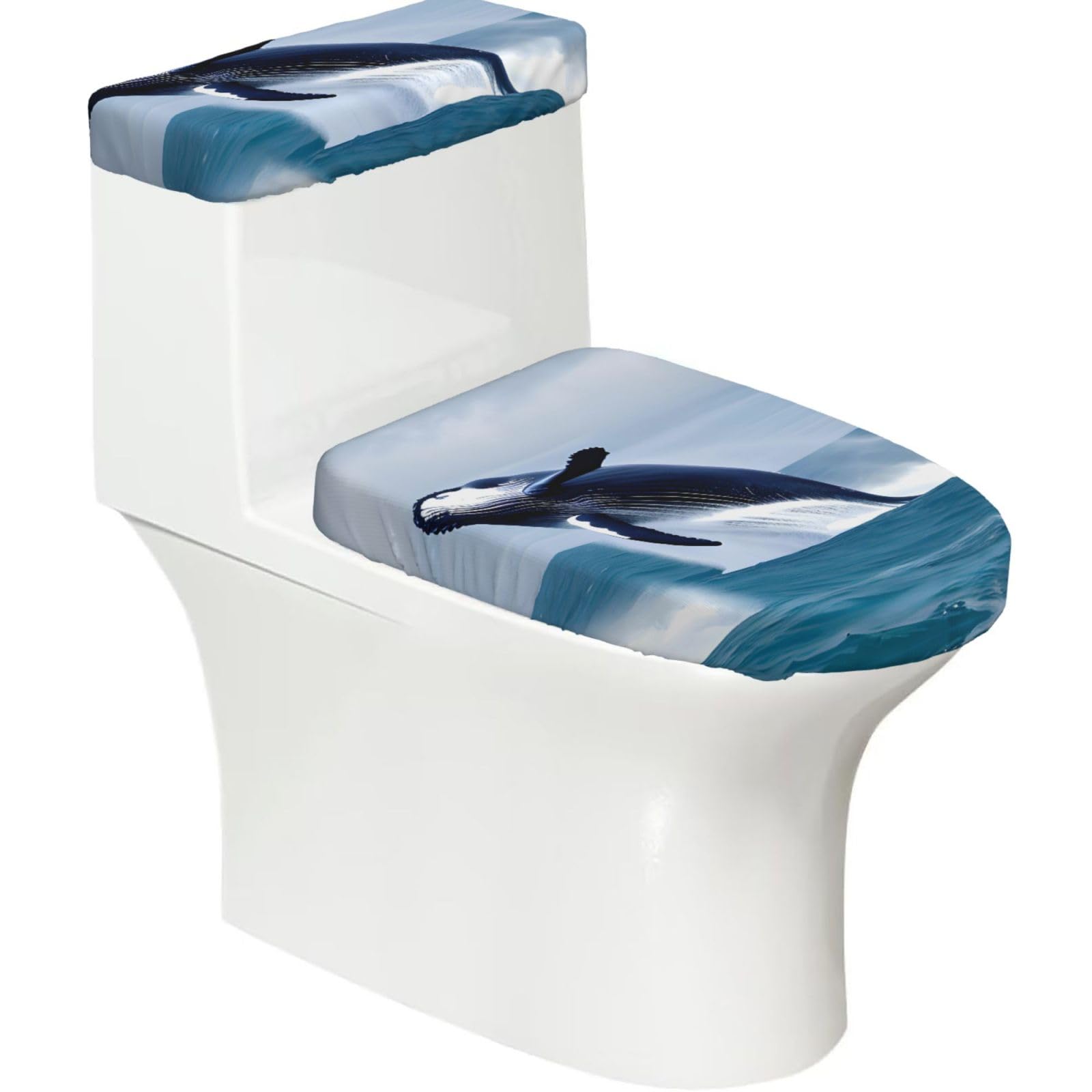 Whales at sea Elastic Toilet Cover Set of 2-Stretchy Lid and Tank Covers for Bathroom, Soft Washable U Shape Toilet Decor