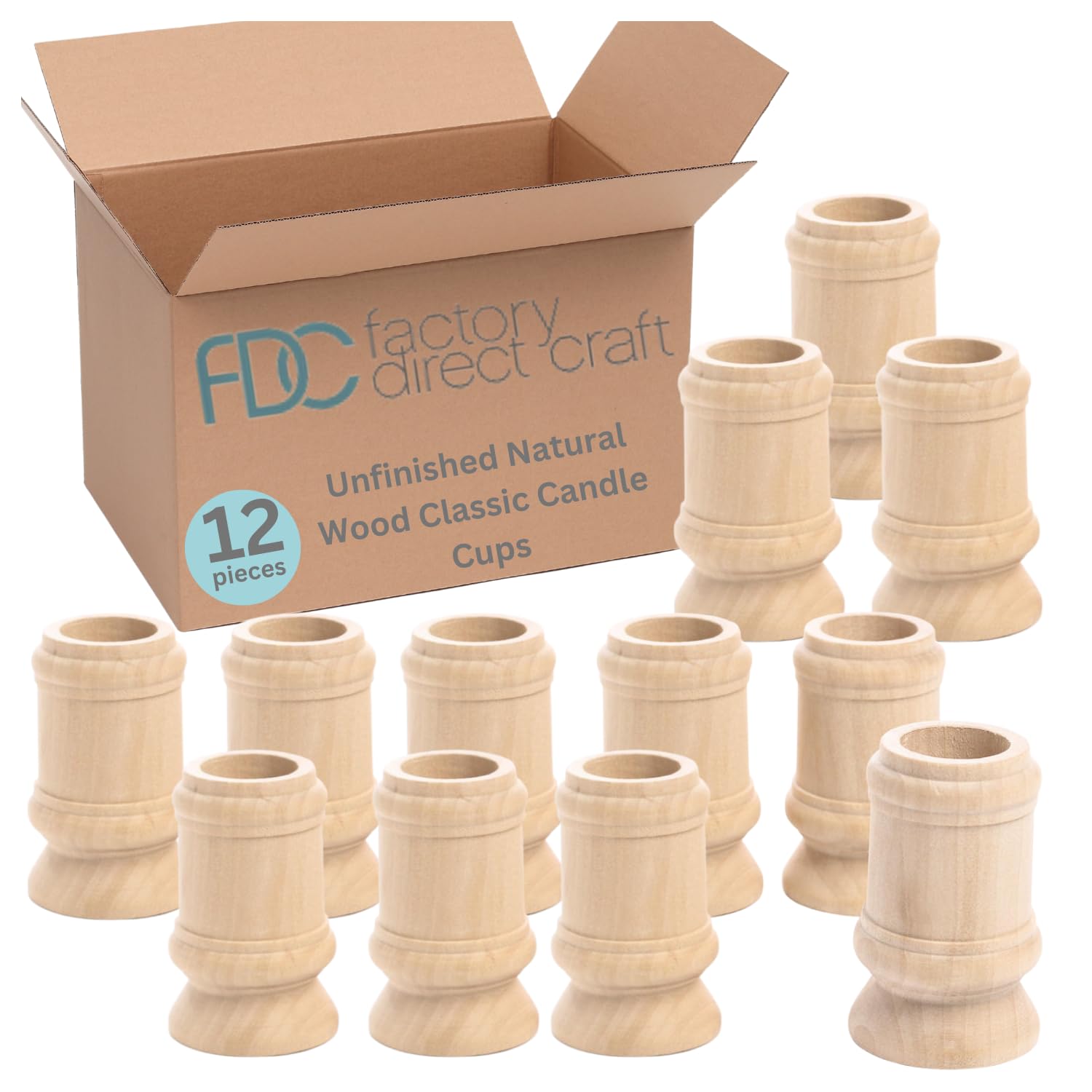 Unfinished Natural Wood Classic Candle Cups by Factory Direct Craft - Set of 12 Wooden Candle Holders for DIY Crafts and Decorating Made in USA (Sizes 2-1/2" H)