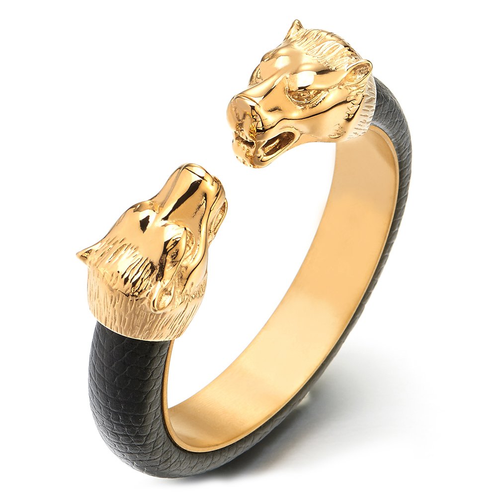 COOLSTEELANDBEYOND Mens Steel Wolf Head Open Cuff Bangle Bracelet Inlaid with Black Leather Elastic Adjustable