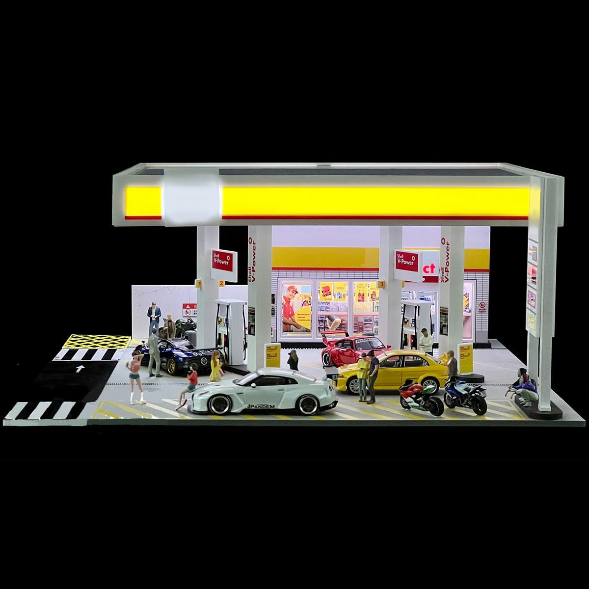 BuildCubes Maßstab 1/64 Shelll Tankstelle Modell, DIY Minihaus Diorama Tankstelle Gebäude Szene, Sammlerstück Geschenk für Enthusiasten, Fahrzeuge Figuren Werkzeuge nicht enthalten