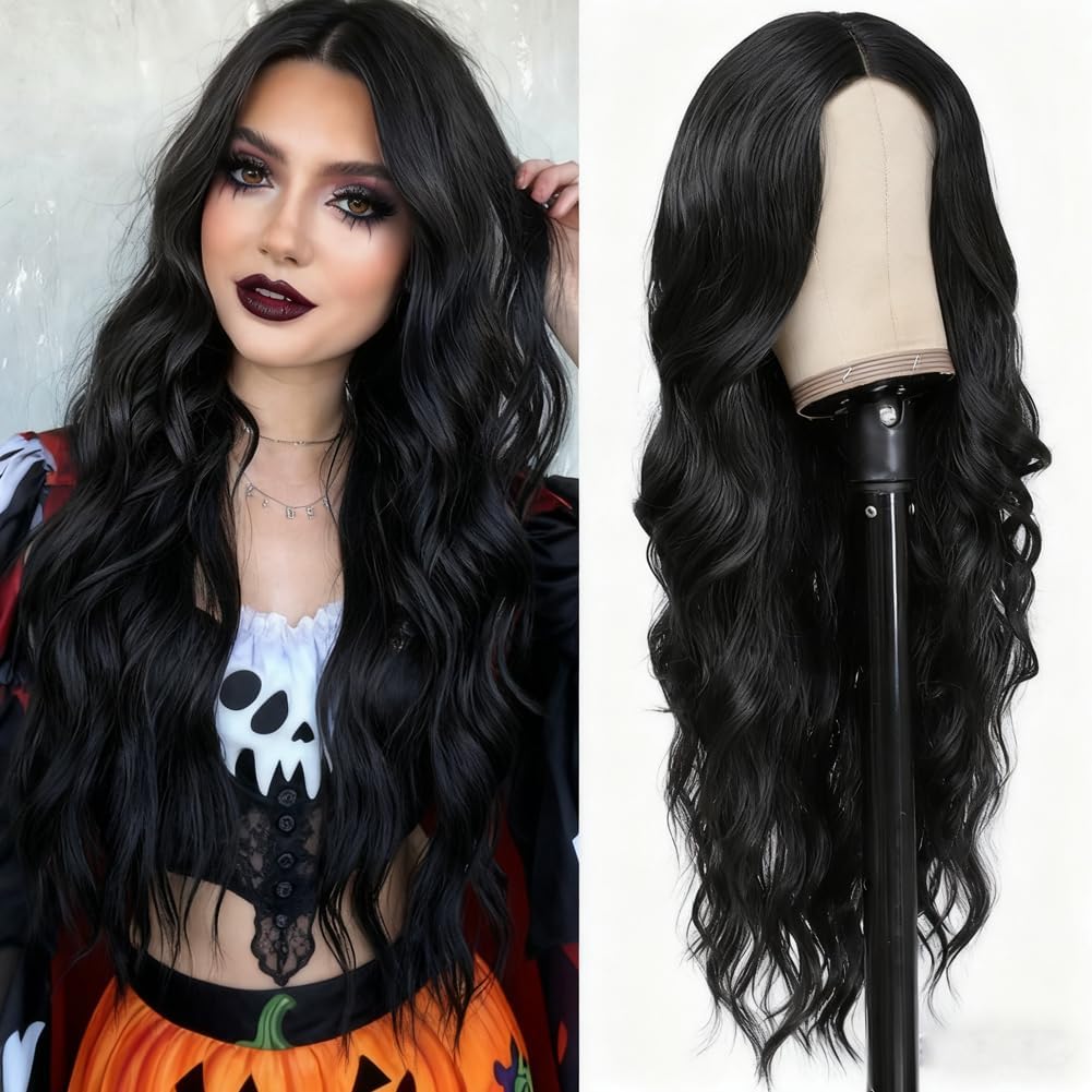 ColorfulPanda Long Black Wigs for Women Natural Synthetic Hair Wavy Curly Wig Glueless Heat Resistant Fiber for Daily Party Wear