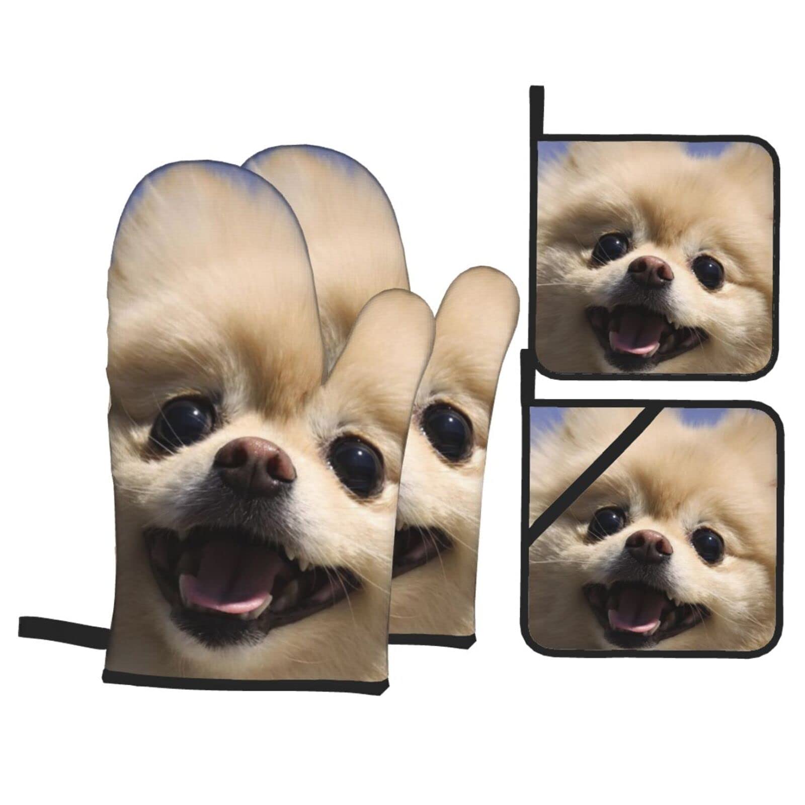 Cute Pomeranian Print Kitchen Baking Four Piece Set of Heat Resistant Thick Cotton Oven Mitts for Cooking, Baking and Grilling