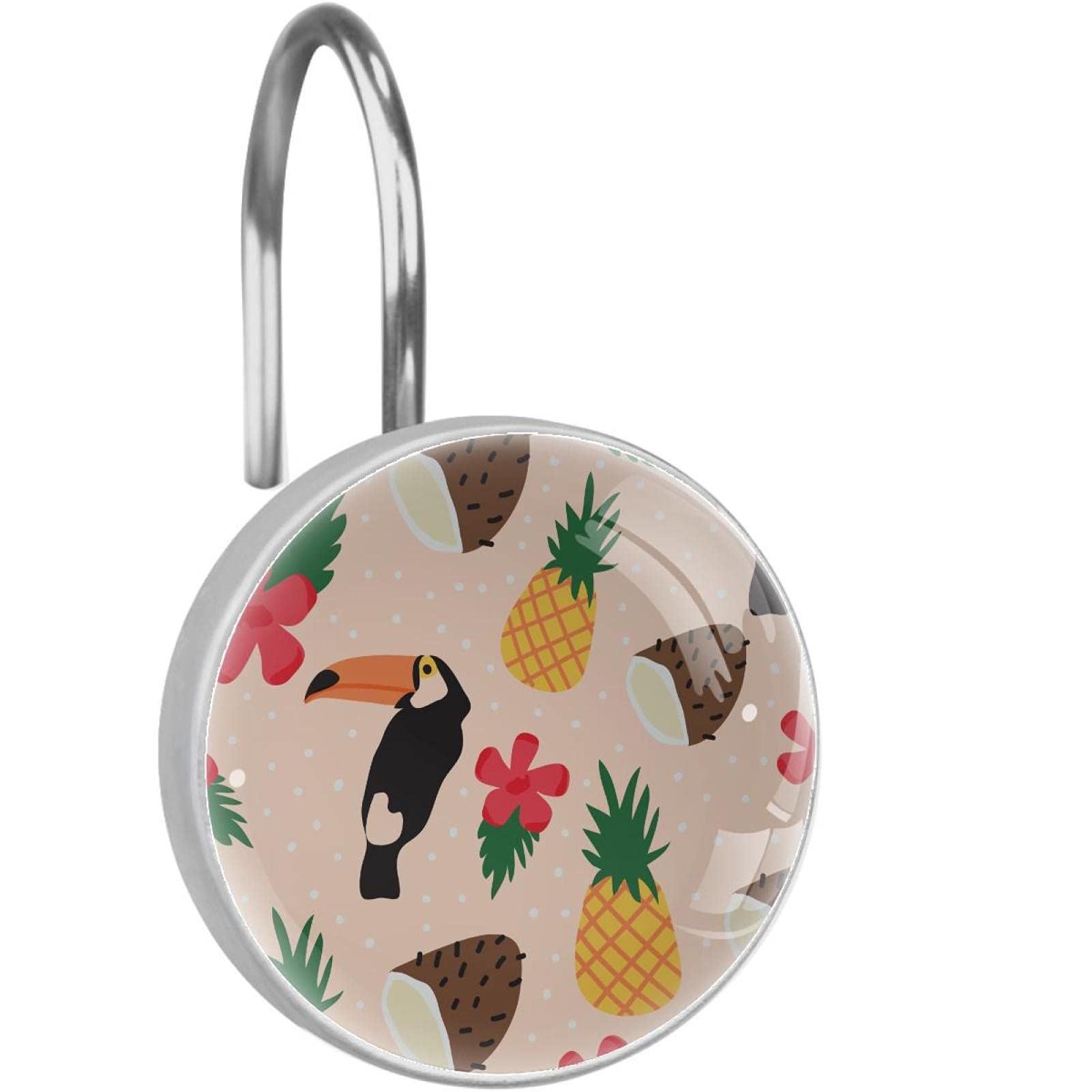 Lot de 12 crochets pour rideau de douche inox avec motif tropical oiseau et fruits