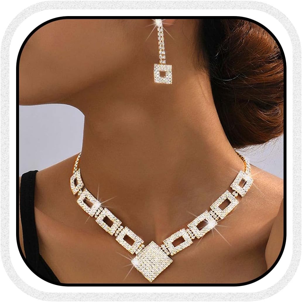 Yean Rhinestone Bride Wedding Jewelry Set Silver Crystal Necklace and Earrings Bracelet Set Prom Formal Costume Jewelry for Women