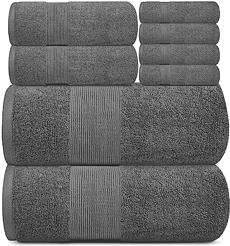 Image of White Classic Resort Collection Soft Bath Towel Set | Luxury Hotel Plush & Absorbent Cotton | 2 Bath Towels, 2 Hand Towels and 4 Washcloths [8 Piece, Smoke Grey]