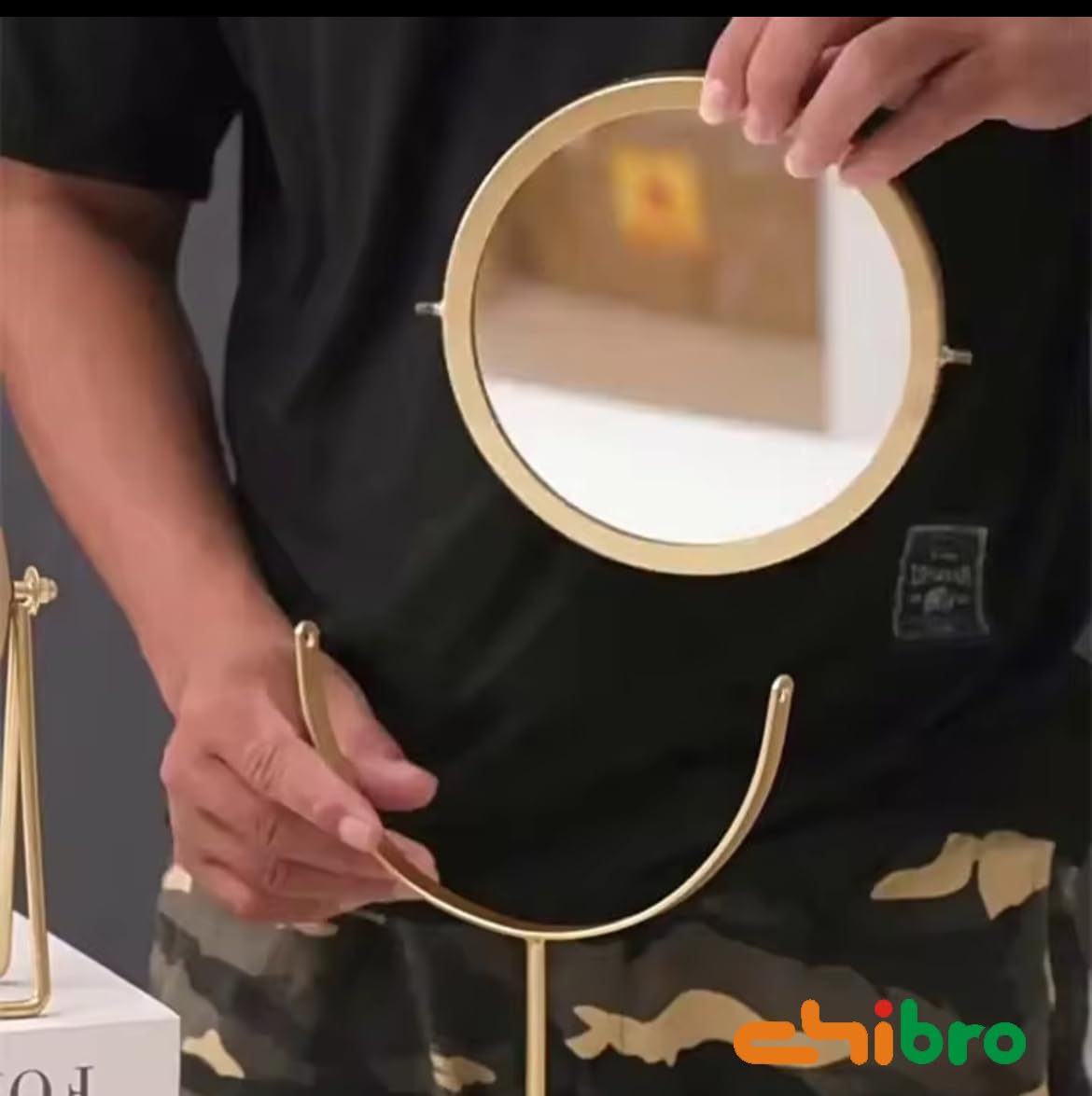CHIBRO One-Sided Metal Tabletop Makeup Mirror | 360° Rotating Round Mirror with Stable Base | Dressing Table Vanity Mirror for Women (Golden) 3