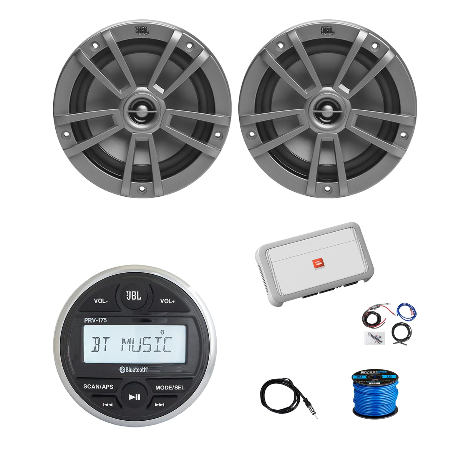 Marine Gauge Style Bluetooth AM/FM Receiver, 2X 6.5 180 Watt 2-Way Multi-Element Audio Speakers (Gray), Wire, Antenna, 4-Channel Amplifier w/Kit
