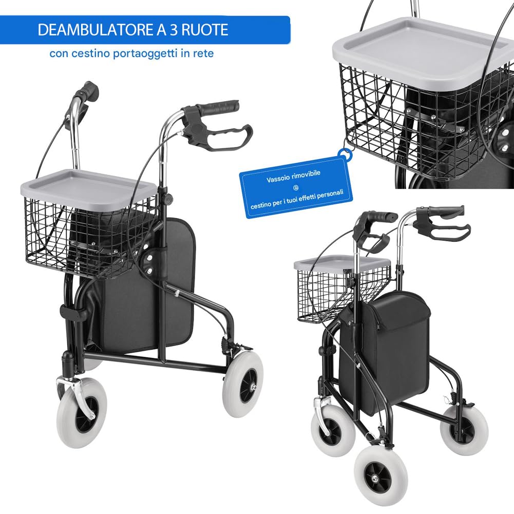 BAKAJI Deambulatore a 3 Ruote per Anziani, Disabili, Persone con Mobilità Ridotta, Walker Ergonomico con Freni e Carrello Portatutto, Borsa Portaoggetti con Zip, Struttura Rinforzata Capacità 136 kg