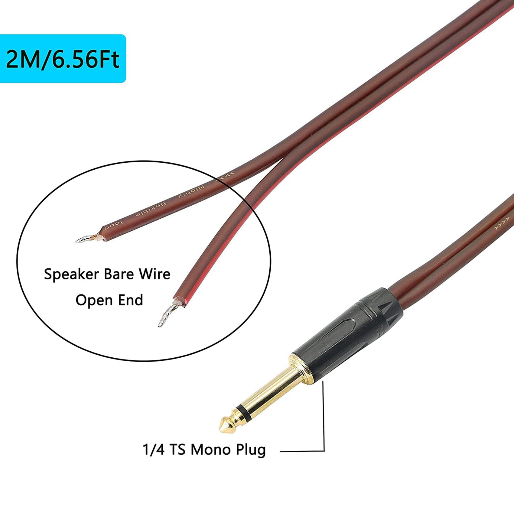 4 sztuki 1/4 do głośnika pusty przewód, kabel audio na 6,35 mm wtyczka mono adapter otwarty koniec pozłacany głośnik OFC HiFi