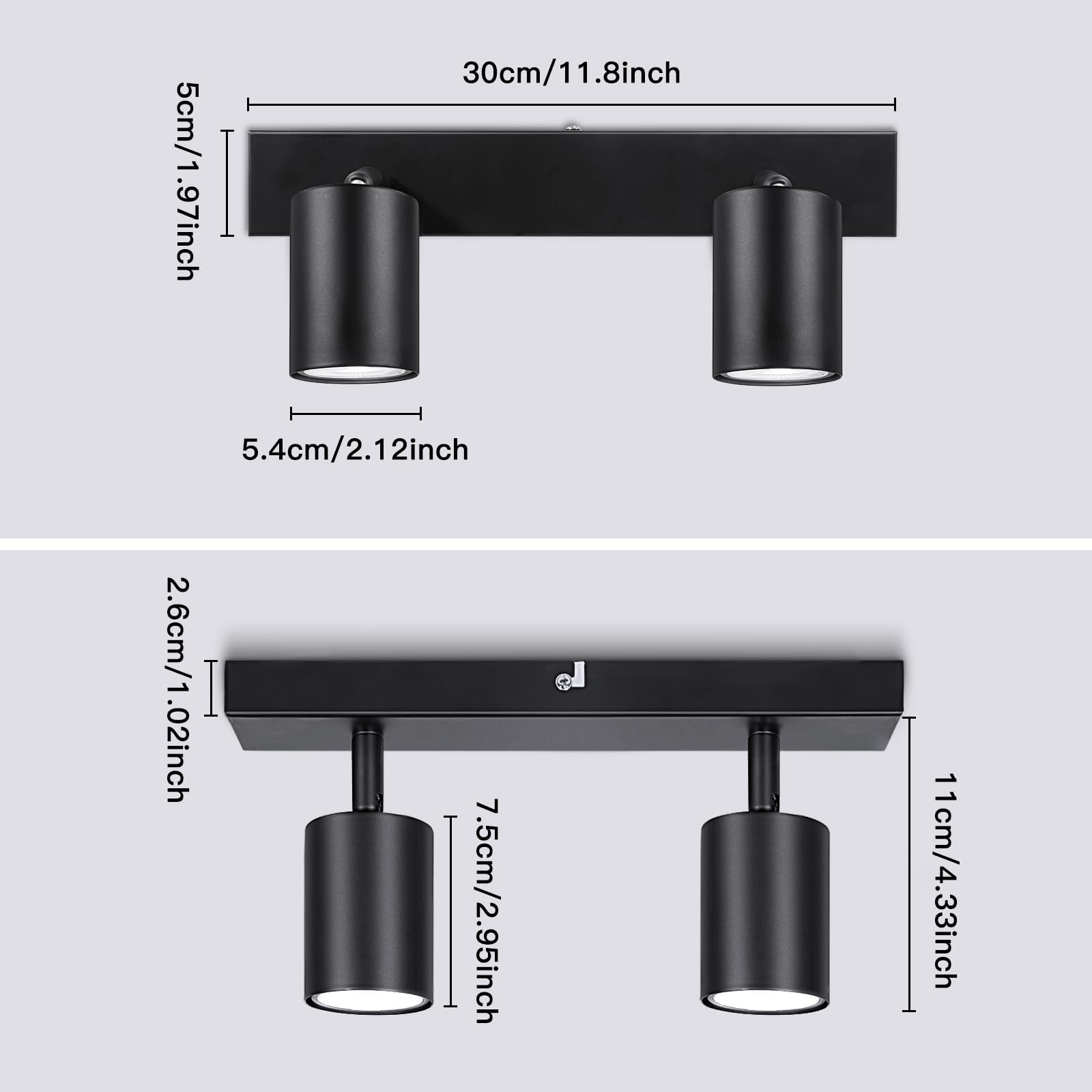 Ketom Faretti da Soffitto Orientabili Nero, GU10 Lampada Faretti LED Soffitto, Faretto da Parete Moderna, Plafoniera LED con 2 Faretti per Cucina, Cameretta, Senza Lampadina