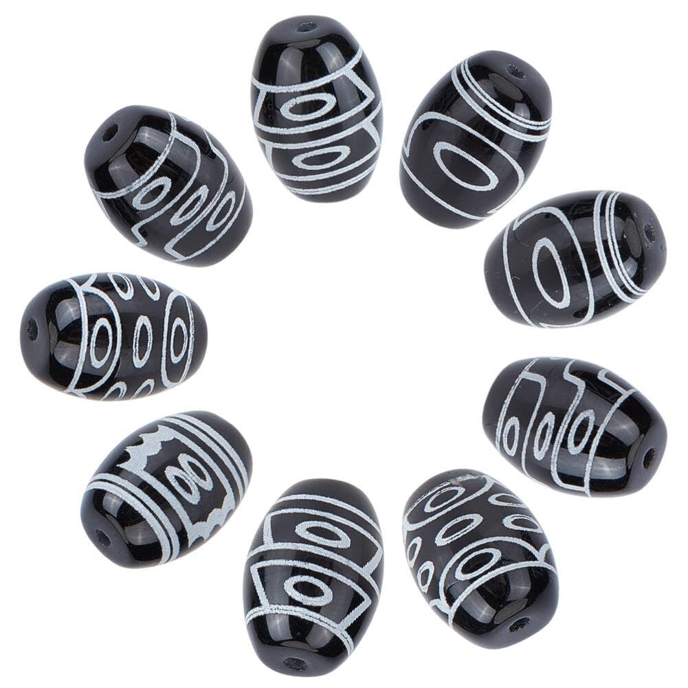 OLYCRAFT 10 Pcs Tibetan Style Dzi Beads 1.2mm Hole Dzi Eyes Beads Natural Agate Beads Oval Tibet Dzi Mala Beads Amulet Tibetan Loose Beads for Necklace Bracelet Earrings DIY Design -13.5x10mm