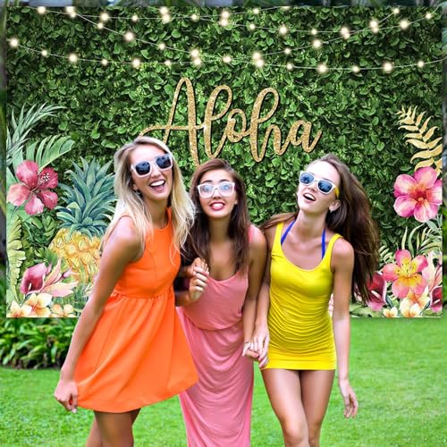Avezano Aloha Backdrop Luau Birthday Party Backdrop Tropical Hawaiian Baby Shower Party Banner Decoration Glitter Lights Green Grass Pineapple Background for Photography Photo Booth Banner