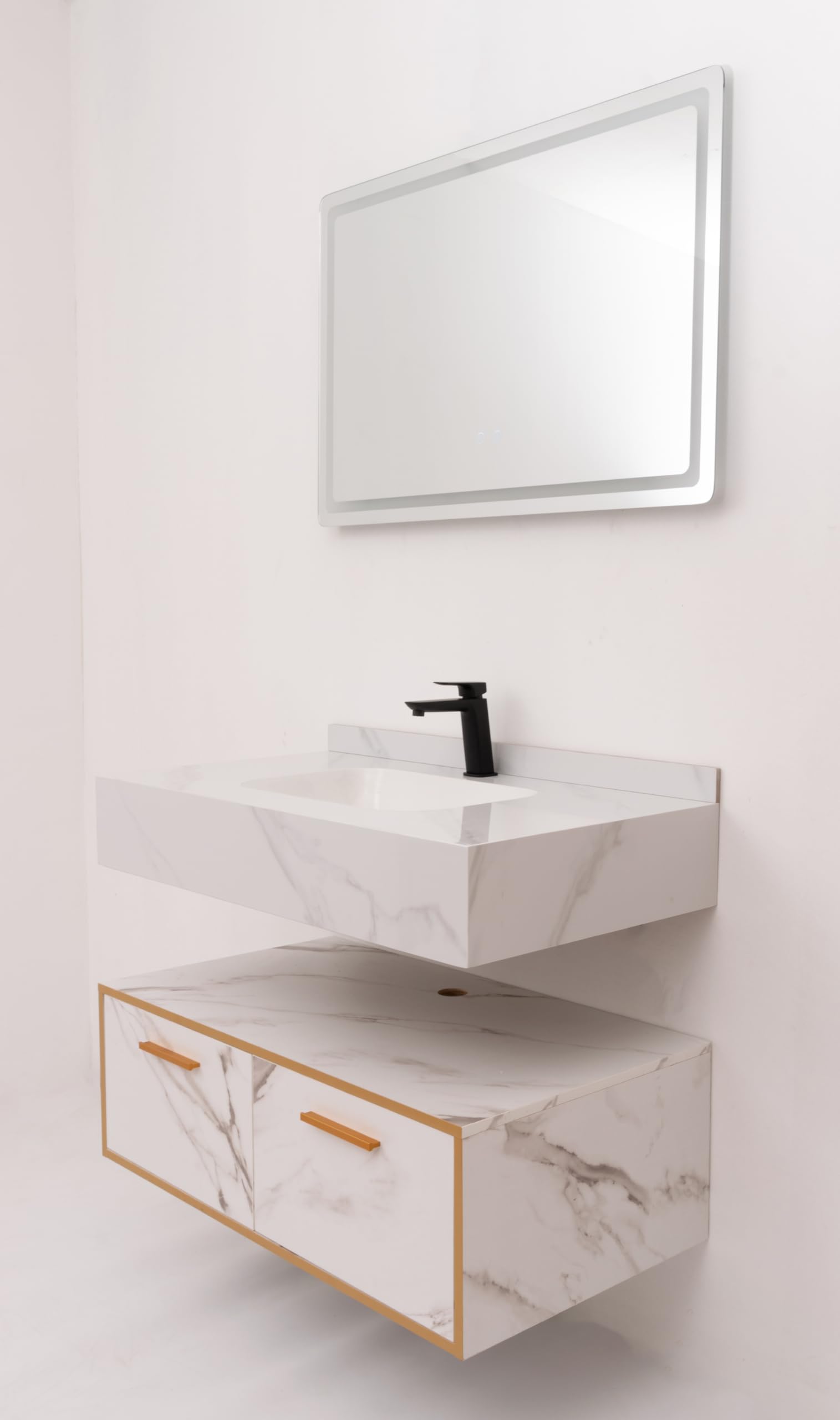 WITIT ARREDO BAGNO SET COMPLETO MOBILE BAGNO SOSPESO IN LEGNO BC011 DA 90 CM BIANCO ORO CON 2 CASSETTI LAVABO BIANCO STRIATO IN CERAMICA E SPECCHIERA LED VETRO RISCALDABILE