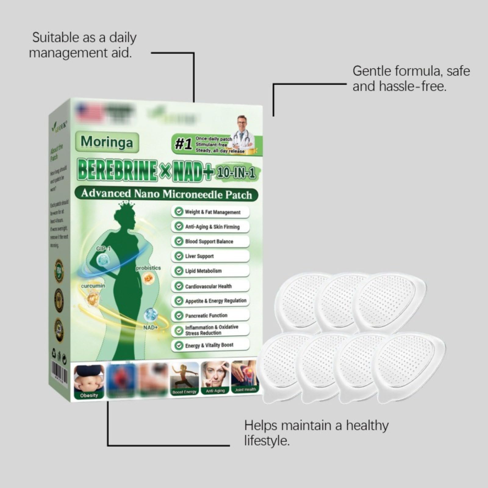 Plaster odchudzający Nano Microneedle, Moringa 10-EN-1, naturalne składniki, plaster wyszczuplający, dla mężczyzn i kobiet