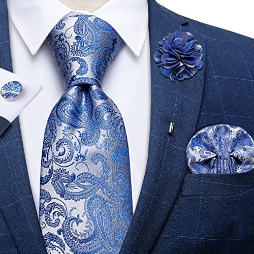 Image of DiBanGu Silk Ties for Men Necktie and Lapel Pin Brooch Set Formal Woven Paisley Plaid Striped Solid Tie Wedding Party