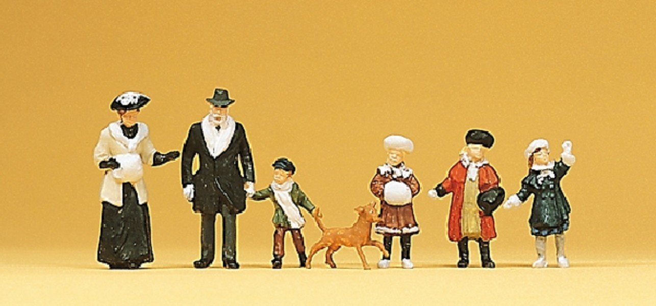 Couple w/Four Children & Dog in Winter Clothes HO Scale Preiser Models