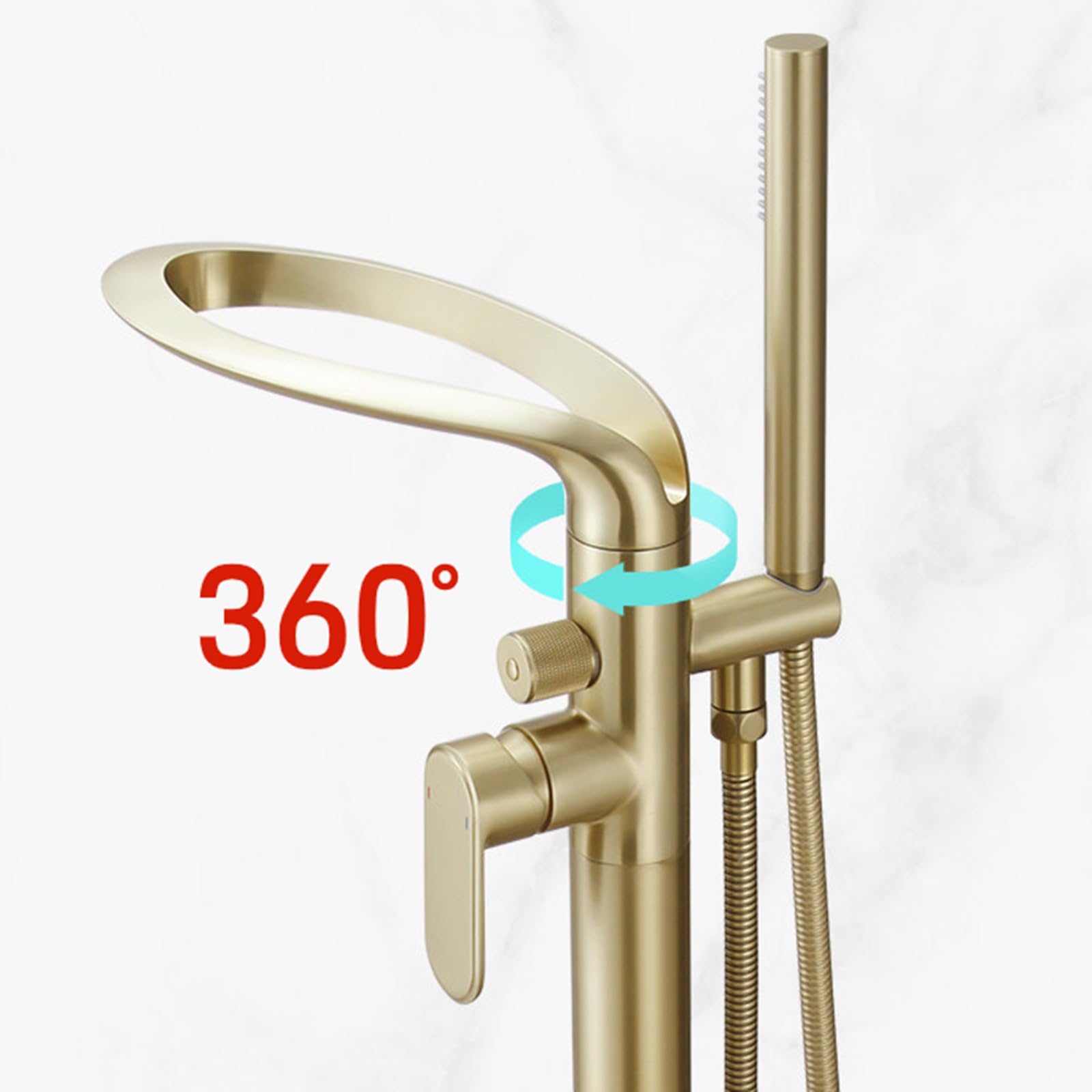 Grifo Mezclador de Bañera Y Ducha Grifo de Bañera Independiente Cromado con Cascada de Agua Fría Y Caliente Giratoria 360° Grifo de Bañera Independiente de Latón con Un Solo Mando