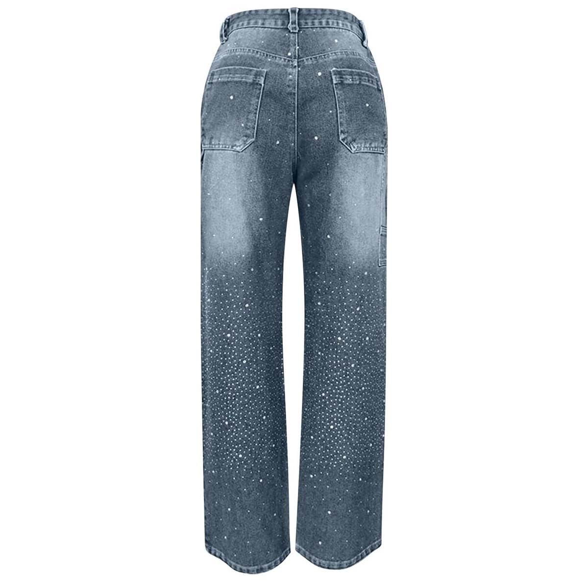 Jeans Donna Strass E Glitter - Pantalone Baggy Vita Alta, Gamba Larga, Elasticizzato, Brillantini - Foto 6
