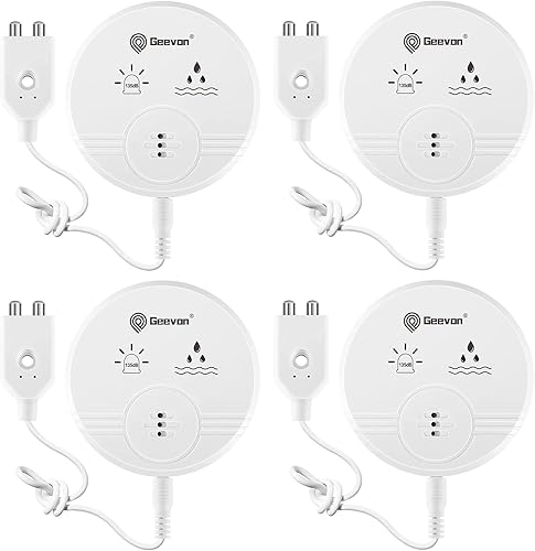 Geevon Paquete de 4 detectores de fugas de agua, sensor de fugas de agua de 135 dB, alarma de agua para sótanos, baños, lavanderías, cocinas,