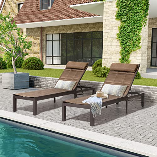 Crestlive Products Aluminum Patio Chaise Lounge Chair Five-Position Adjustable Outdoor Recliner With Headrest And Wheels Weather-Proof For Patio, Beach, Yard, Pool (2 Pcs Brown) #TOP3