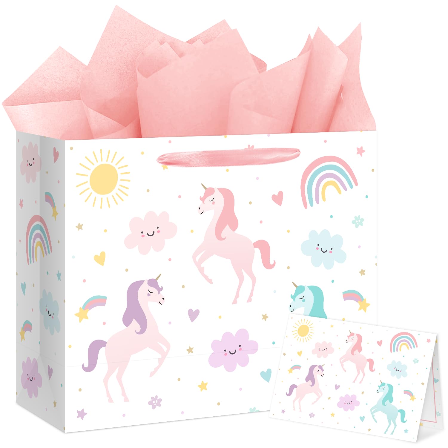 Reyoust 13" Large Magical Pastel Unicorn Happy Birthday Gift Bag with Card and Tissue Paper Rainbow Unicorn Birthday Party Decorations for Girls Kids 13" L x 10.2" H x 4.9" W