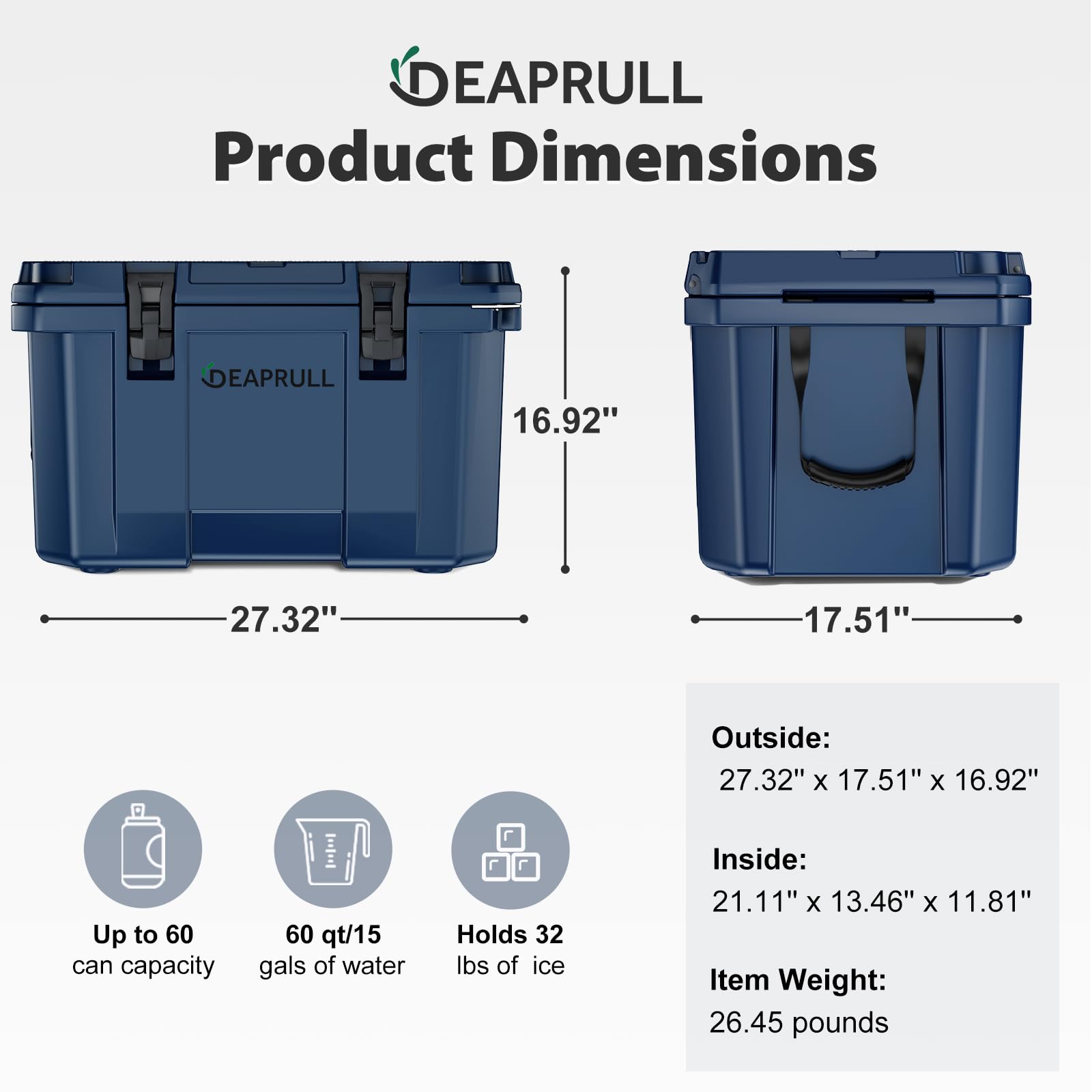 60 Quart Hard Cooler, Insulated Ice Chest Box Holds Ice for up to 6 Days, Portable Cooler with Nylon Rope Handles, Cup Holders, Double Latches for Camping Drink, Beach, Picnic, Fishing, Boat, Barbecue