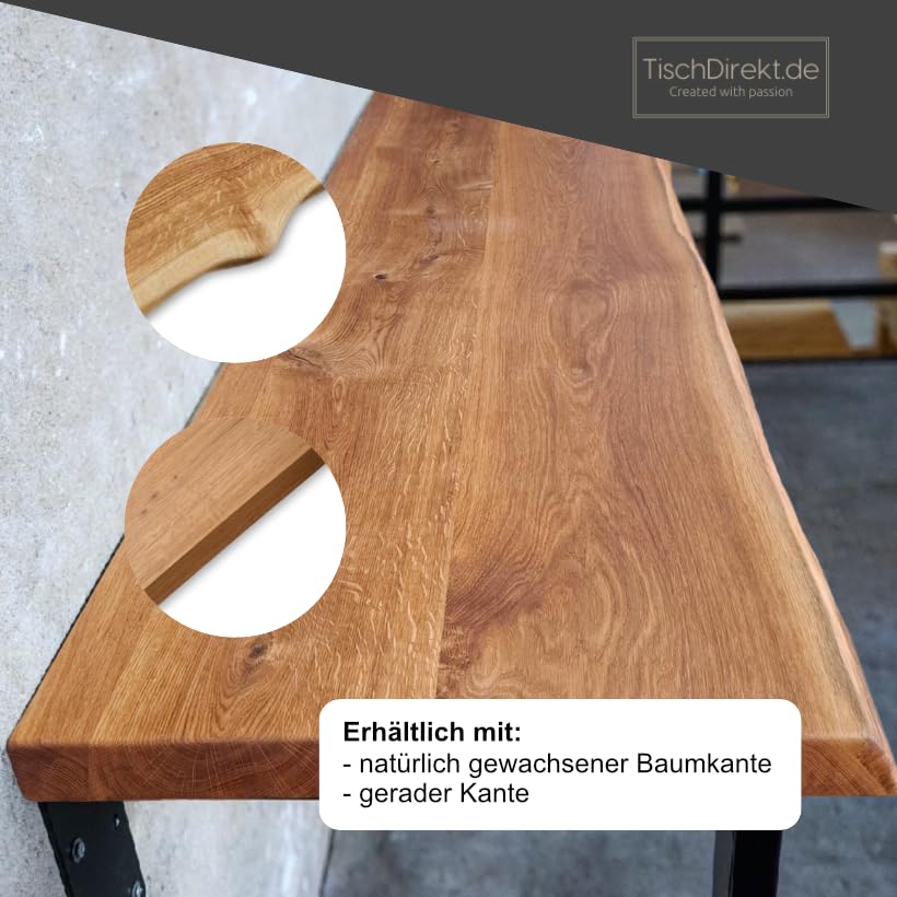 MyTimber® Waschtischplatte aus Eiche Massivholz | 4cm Starke Eichenbohlen | Ideal für Aufsatzwaschbecken | Baumkante oder gerade Kante (Baumkante - gespachtelt & geölt, 100x50cm)