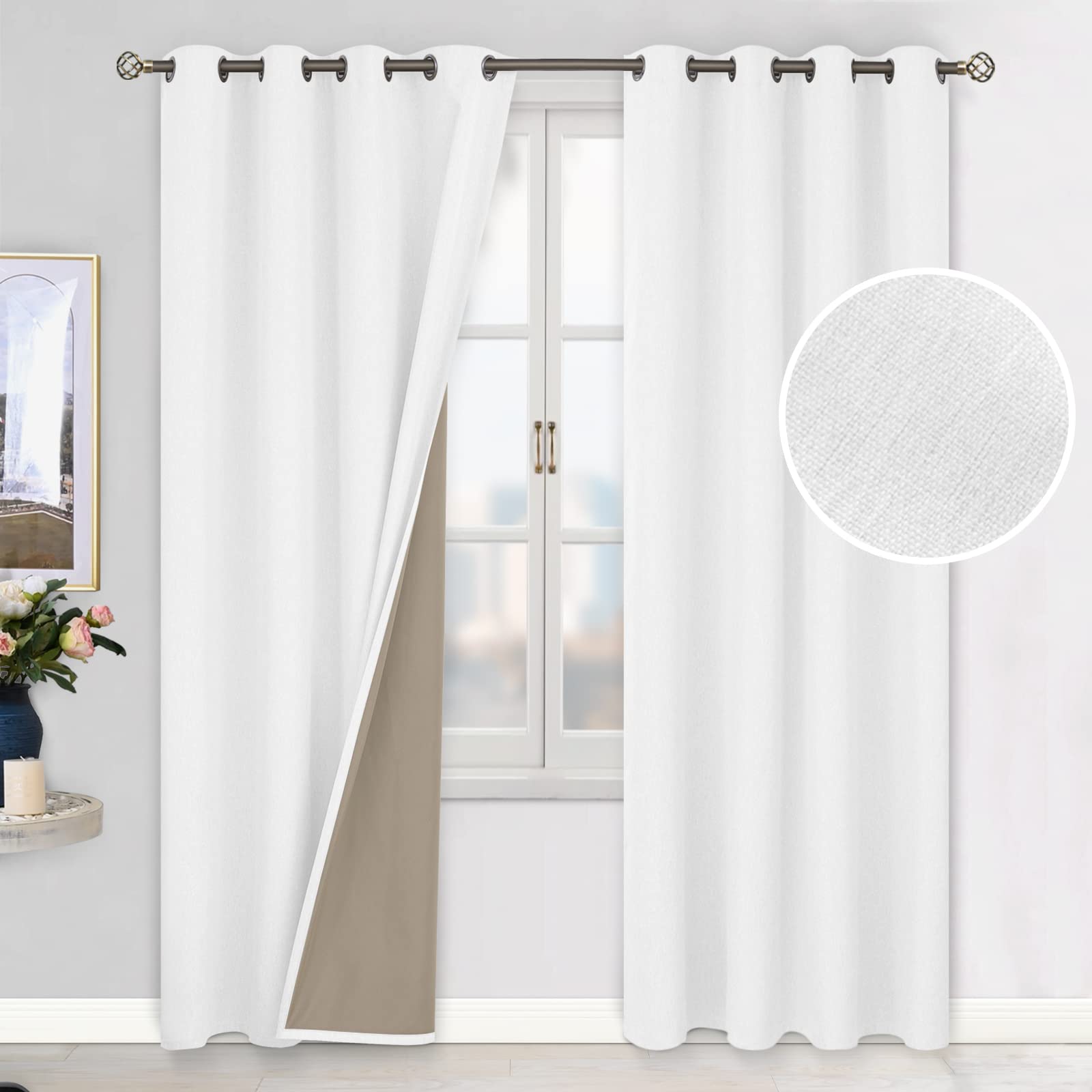 BGment Pure White Blackout Curtains 96 Inch Length for Bedroom 2 Panels Set, Linen Textured Thermal Insulation Soundproof Window Curtain Drapes with