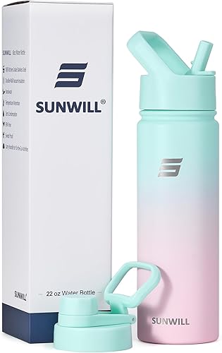 Miniatura 6 de SUNWILL Botella de agua aislada con popote, botella de agua para deportes y viajes, 22 onzas, acero inoxidable de doble pared, apta para portavasos,