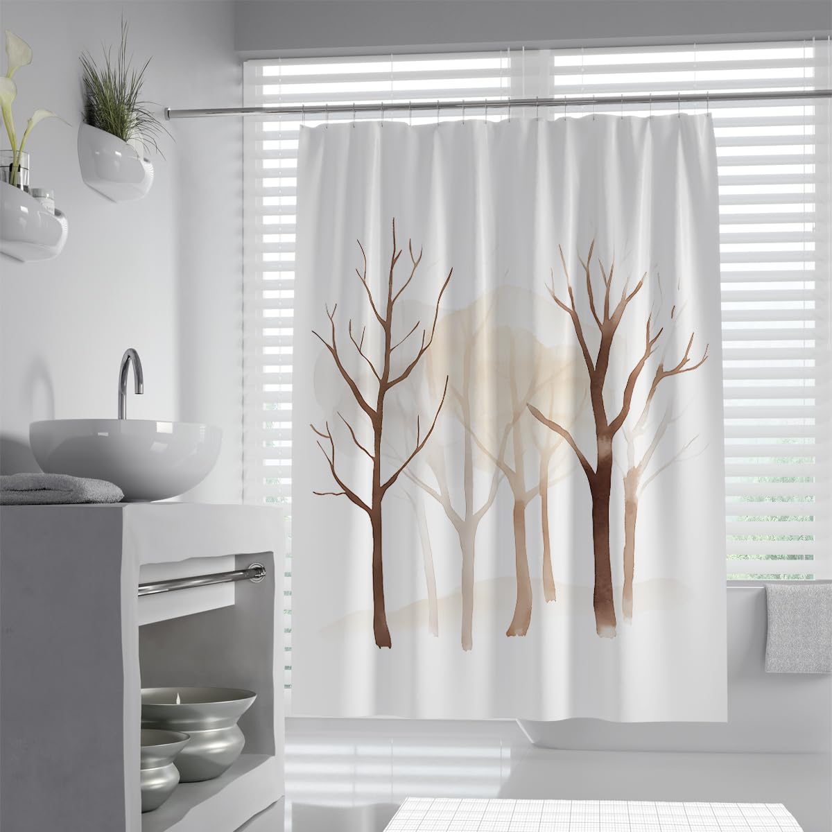 OLLIAR Home Minimalist Tree Fabric Shower Curtain Abstract Birch Forest Rustic Polyester Waterproof Bath Curtain Farmhouse Bathroom Curtains with Hooks 180x200