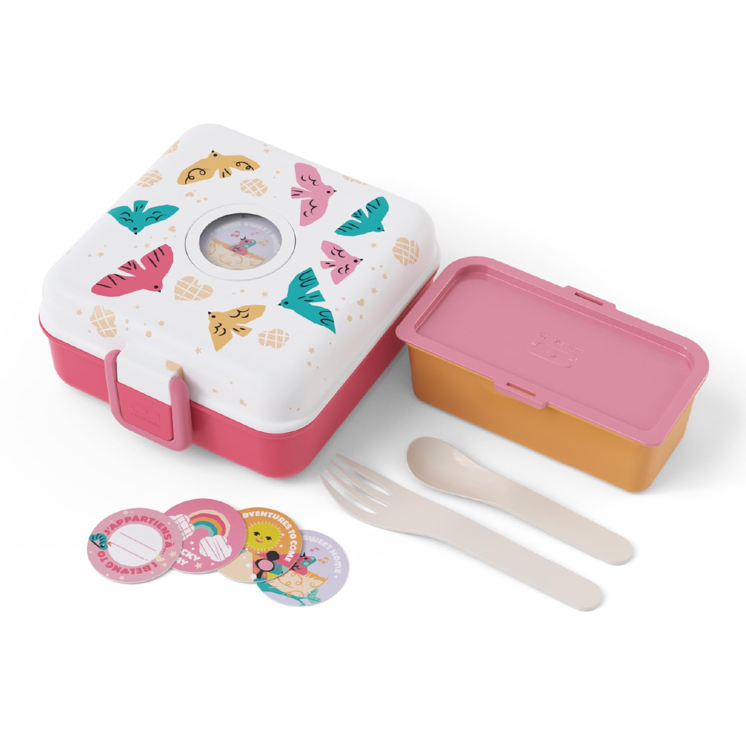 monbento - Porta Sandwich Bambini Snacky rosa Birds - Porta Pranzo Bambini per Panino Integrale - Posate Incluse - Porta Merenda Personalizzabile - Ideale per Scuola/Picnic - Senza BPA - Uccelli