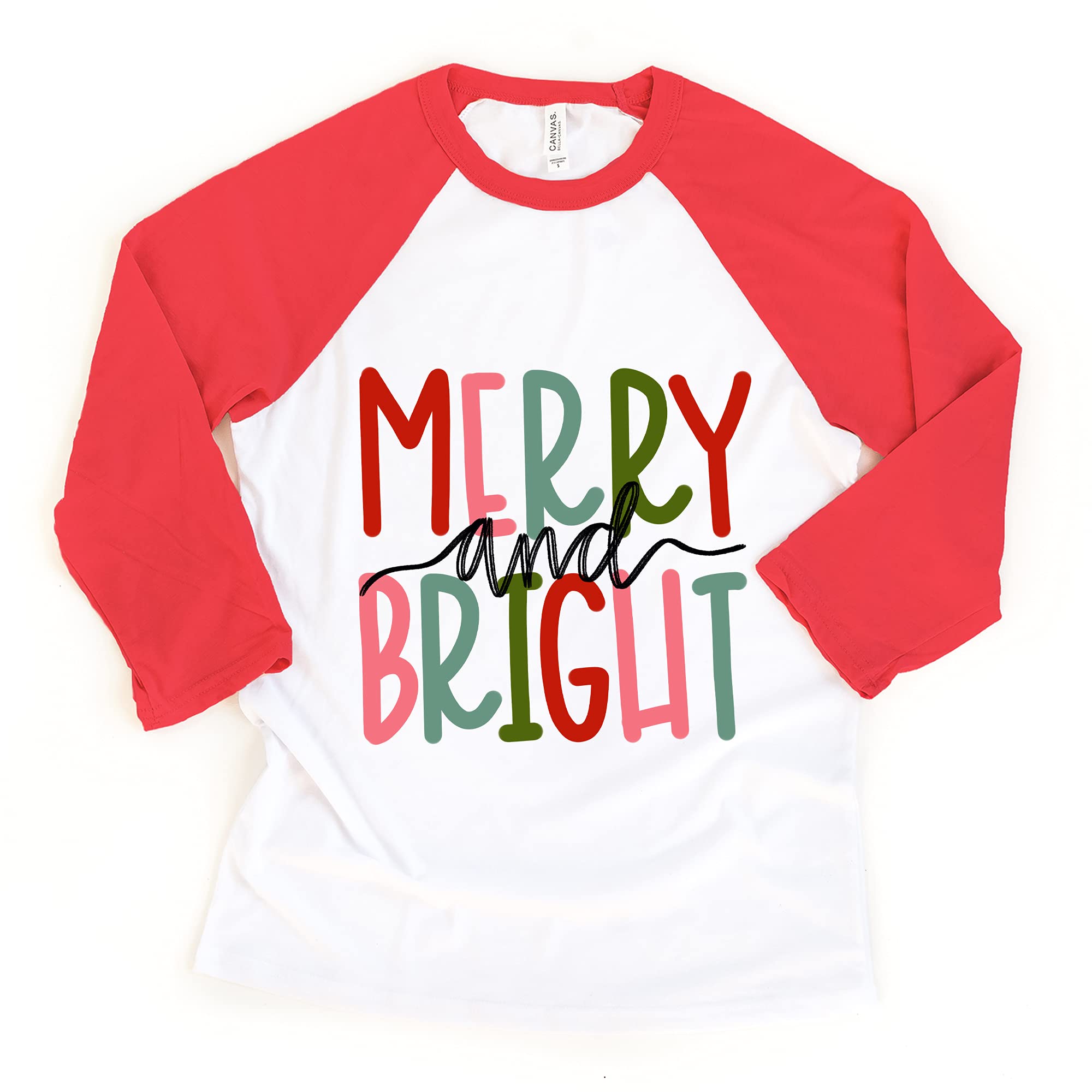 Little Spunkies Merry and Bright Toddler Youth Christmas Shirts and Raglans (3/4 Sleeve Red Raglan, 5-6 Years)