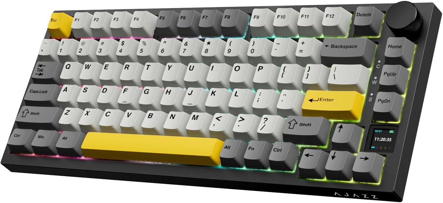 Ajazz AK820 Pro Mechanical Keyboard with Knob&TFT Display,Bluetooth 5.1/2.4G Wireless/Type-C Wired 75% Percent Keyboard,5-Layer Sound Absorbing Foams,South RGB (Grey, Flying Fish Switch)