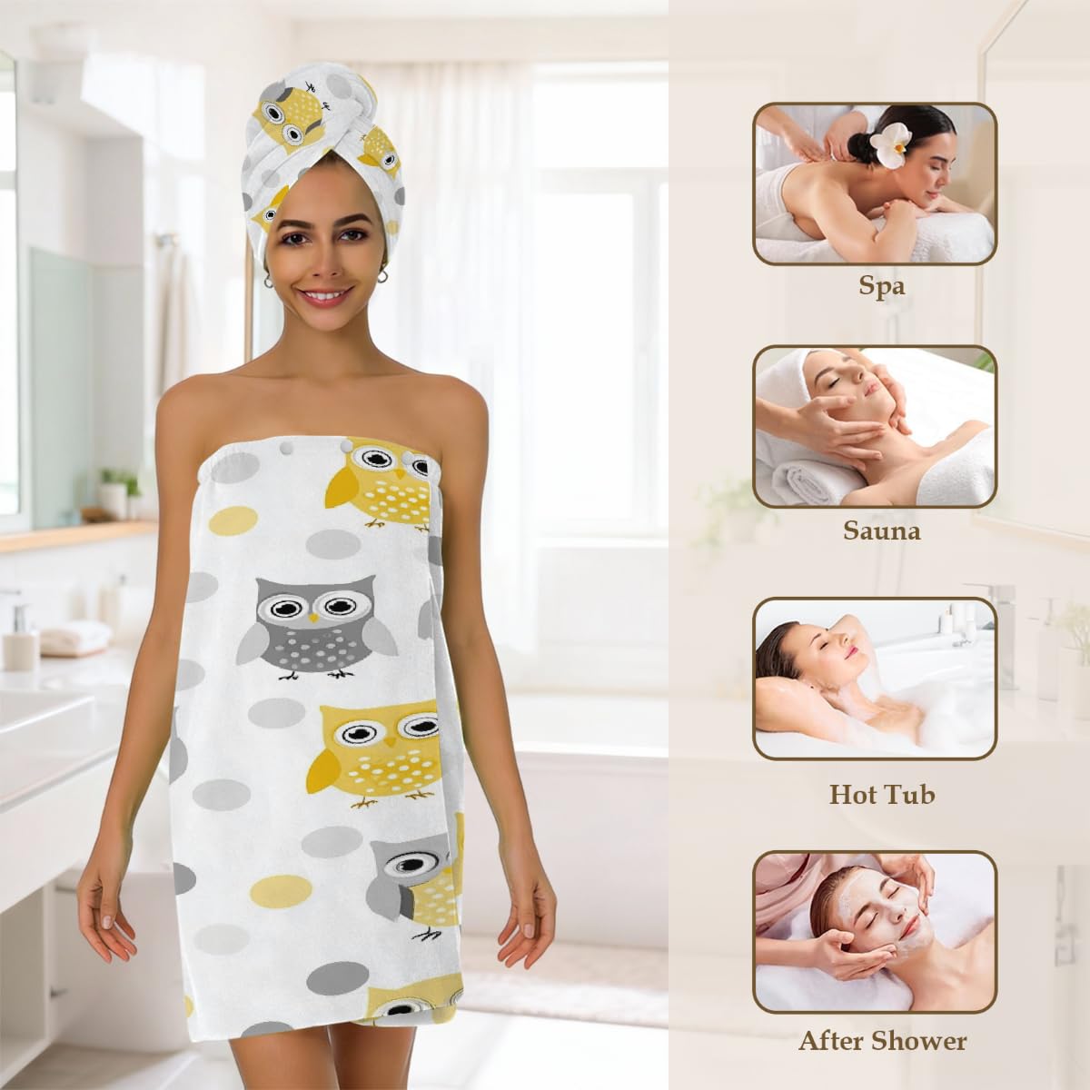 Mikrofaser-Duschtuch für Damen, mit Haar-Handtuch, niedliche gelb-graue Eulen, lustige Tiere, weiche Körperwickel, Kleid mit Haartrocknungskappe für Strand, Pool, Spa, 2 Sets