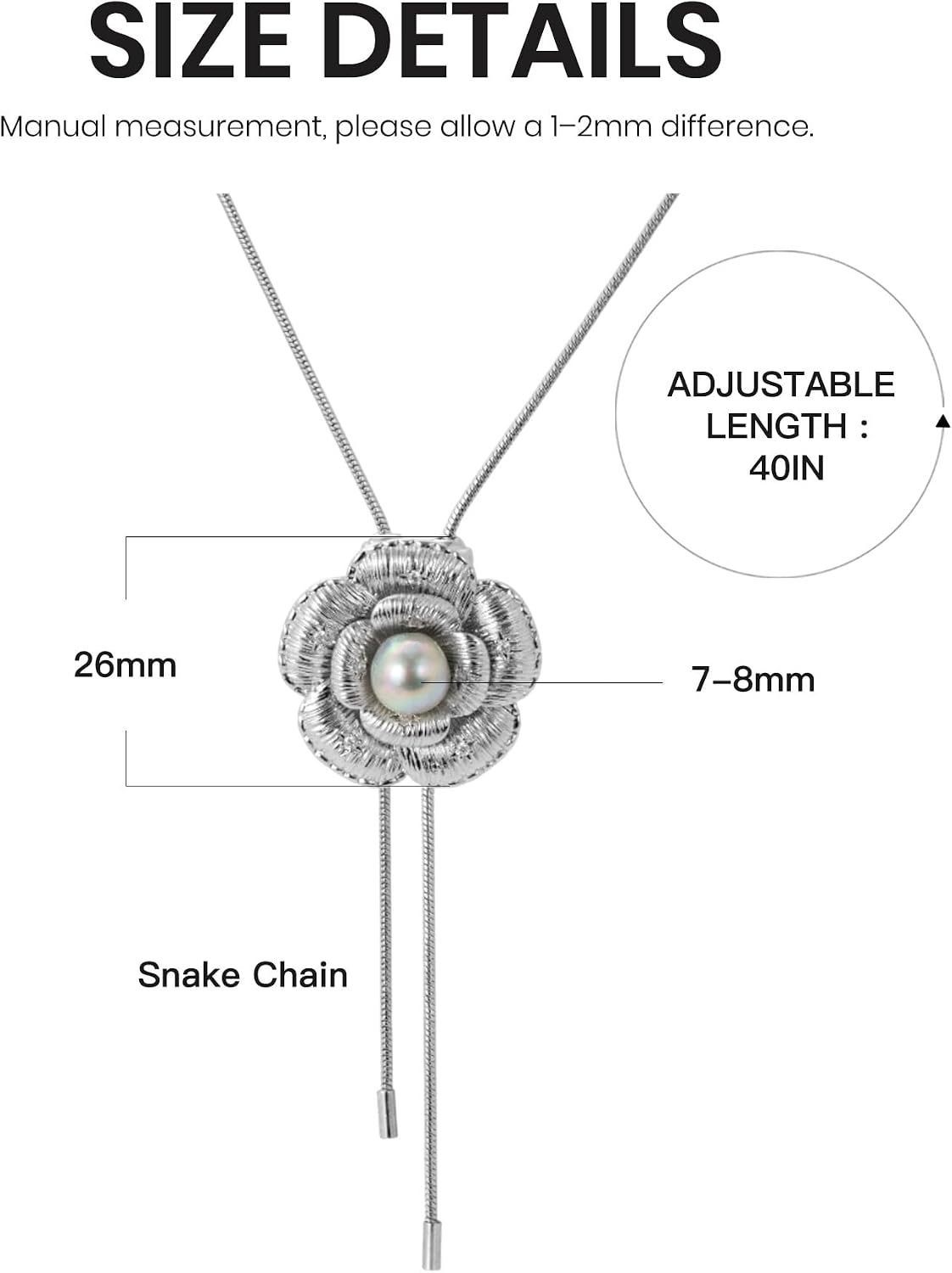 IDOKAWA Akoya Pearl Camellia Pendant Necklace, Silver Herringbone Chain Long Necklace for Women, Floral Statement Pearl Jewelry, Adjustable Elegant Necklace for Work & Evening Wear