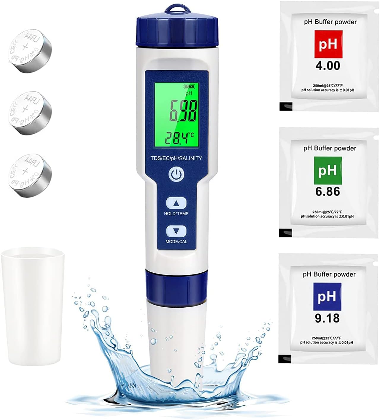 HJB VISSO Digital PH Meter, 5 in 1 PH/EC/TDS/Salt/Temperature Meter, High Precision Digital Multifunctional Water Test Kits for Water, Fish Tank, Pools & Hydroponics