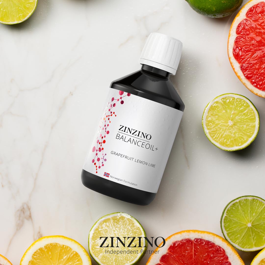 ZinZino BalanceOil+ Aceite de pescado Omega-3 2478 mg, Omega-9, Vitamina D3, Tocoferol, DHA, EPA con aceite de oliva, pomelo, limón y lima, 300 ml
