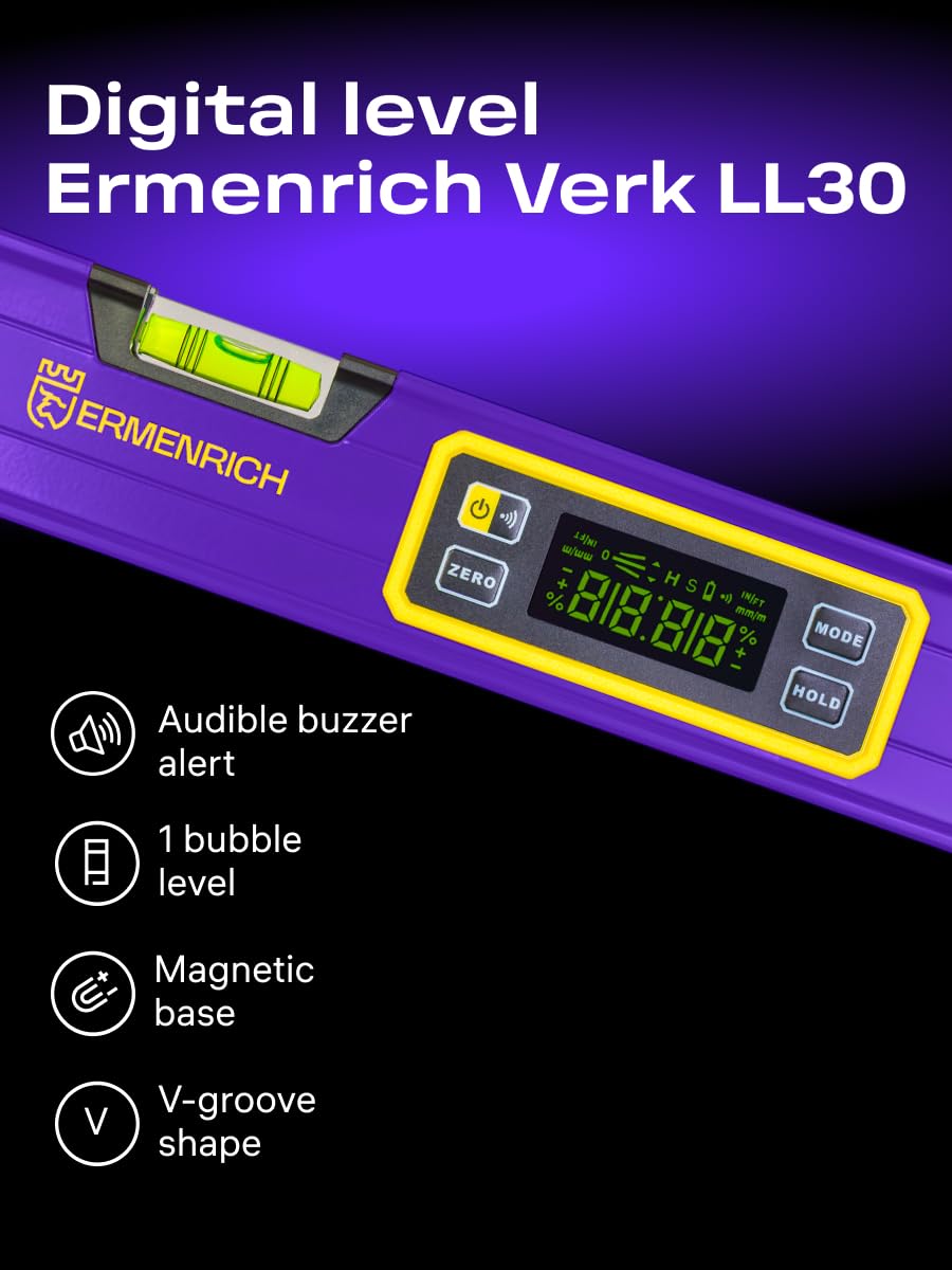 Verk LL30 Digitale Wasserwaage 300 mm Einheitenwechsel LCD-Display Automatische Abschaltung Akustischer Alarm Hold-Taste IP54 ABS-Gehäuse Batterie Inklusive für Bauwesen und Heimwerken