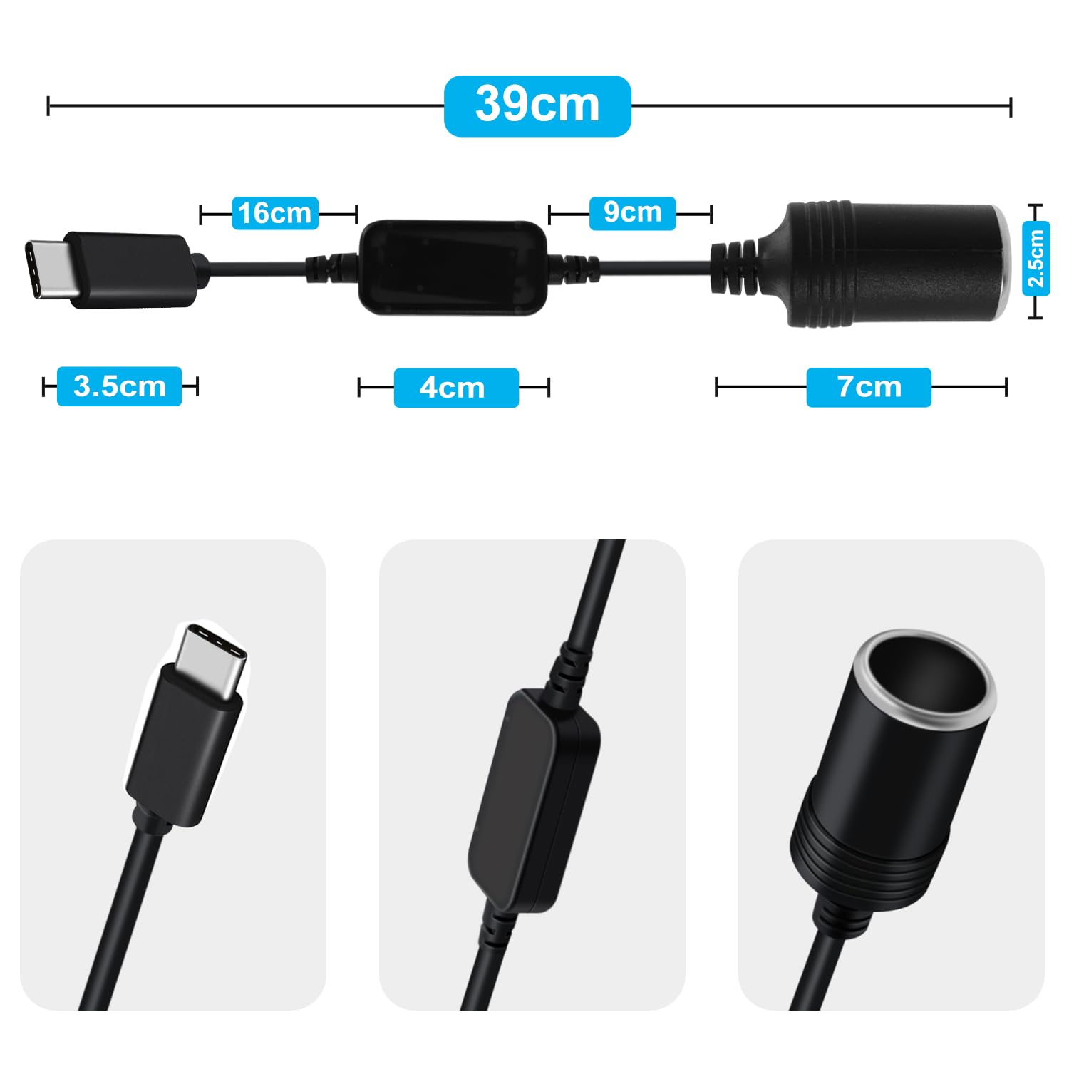 USB C męski do 12V gniazda zapalniczki samochodowej Przejściówka do gniazda zapalniczki samochodowej, do zapalniczek, rejestratorów jazdy i GPS (USB C, 0,3 m)