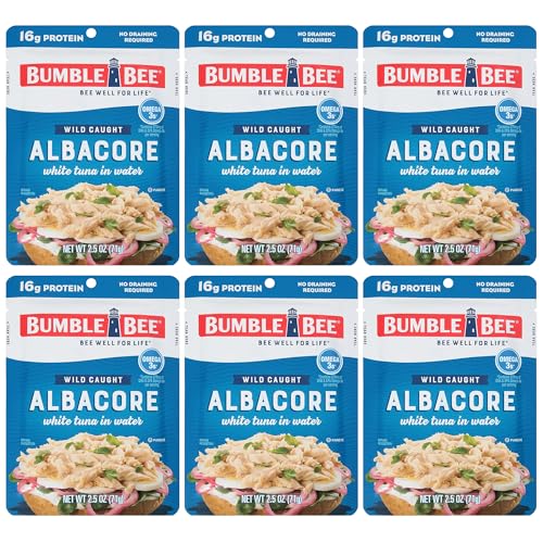 Image of Bumble Bee Solid White Albacore Tuna in Water, 2.5 oz Pouch - Wild Caught Tuna - 16g Protein per Serving, High in Omega-3s - Non-GMO, Gluten Free, Kosher - No Draining Required (Pack of 6)