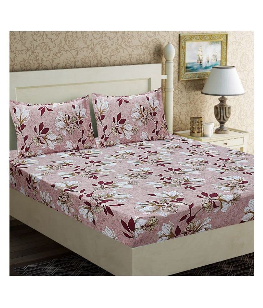 HOMETALES Cotton Floral King Bedsheet with 2 Pillow Covers- Maroon