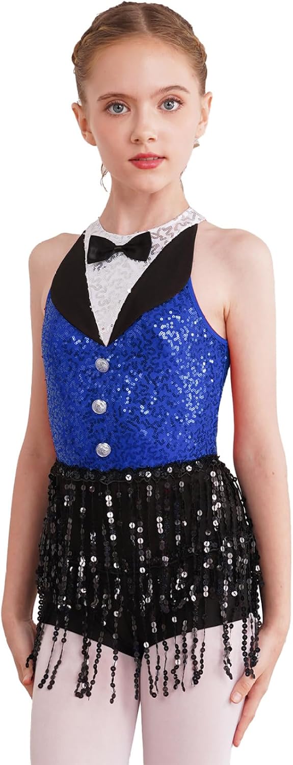 Kids Girls Shiny Latin Jazz Salsa Dance Fringe Tassel Dress Sleeveless Leotards Bodysuit Disco Party Costume
