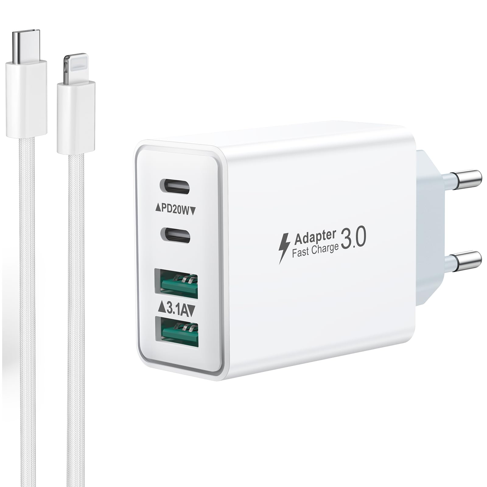 Caricatore USB C with 2M Cavo iPhone Rapido Presa Caricabatterie Caricatore for iPhone 14 13 12 11 Pro Max Plus/XS/XR/X/SE/8/7, iPad, 40W 4-Porto Spina USB Multiplo Alimentatore Adattatore Carica