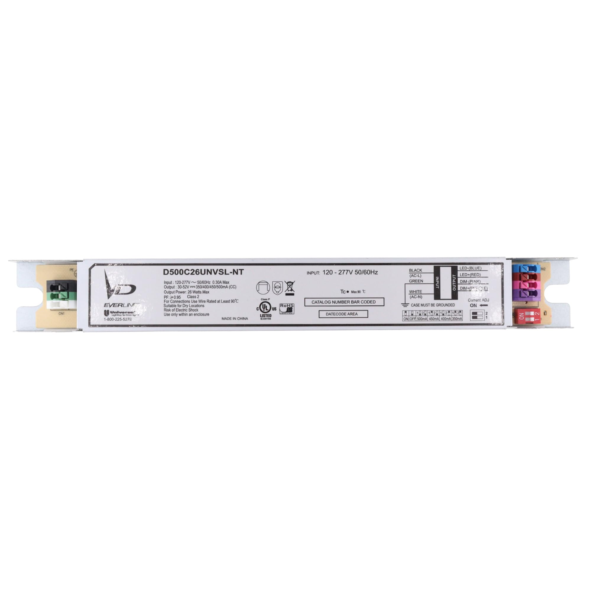Universal Lighting D500C26UNVSL-NT Field Setable LED Driver, 30-52V, 350/400/450/500mA, 26W, 120-277V