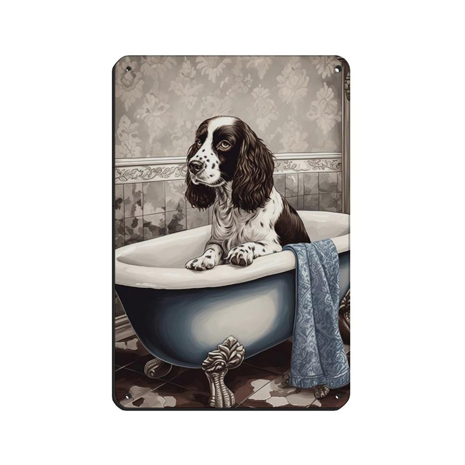 Springer Spaniel in Bath, Bathroom Art Tin Sign Vintage Metal Pub Club Cafe Bar Home Wall Art Decoration Poster Retro 8x12inch(20x30cm)