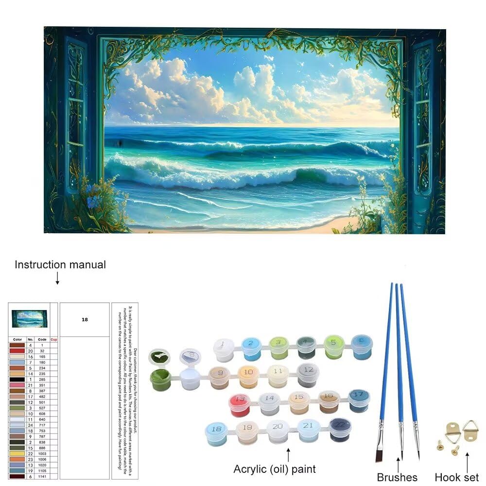 Malen Nach Zahlen Erwachsene xxl, Paint by Numbers Malen Nach Zahlen Fenster Meer, DIY Geschenk Art mit Pinseln und Acrylfarben Handgemalt Ölgemälde Leinwand für Home Décor, Ohne Rahmen 80x160cm W-634