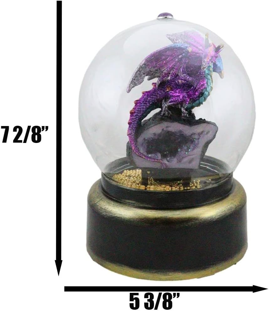 Ebros Gift Metallic Iridescent Guardian Dragon Golden Glitters Air Powered Musical Globe Dungeons and Dragons Collectible Figurine (Purple Drake On Faux Geode Crystal Rock)