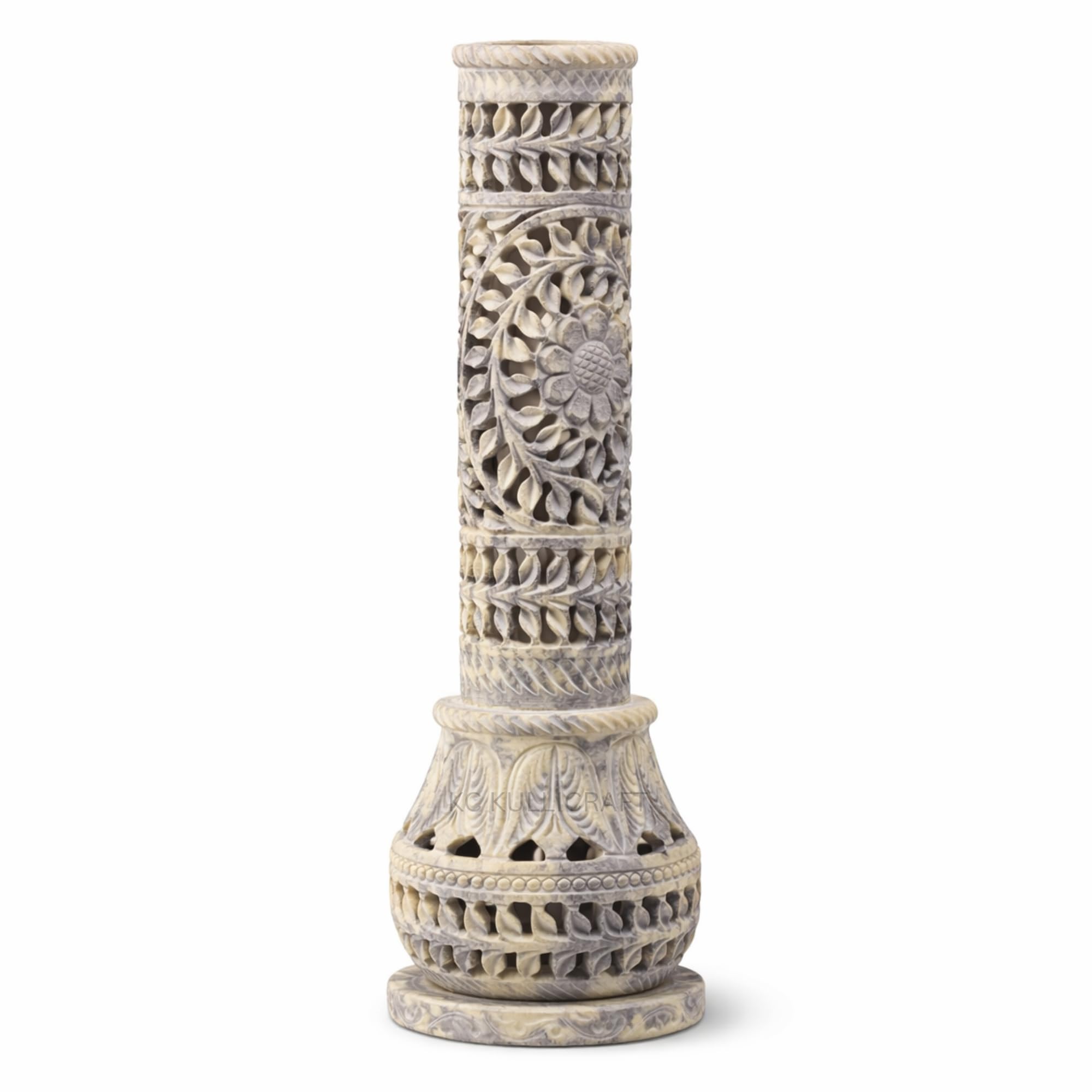 Flower Carving Agarbatti Stand | Soapstone Hand-Carved Bottle Shape Incense Burner Holder | Ash Catcher for Incense Sticks | Spiritual Decor & Gift for Puja Room (3 x 3 x 10.5 Inches)